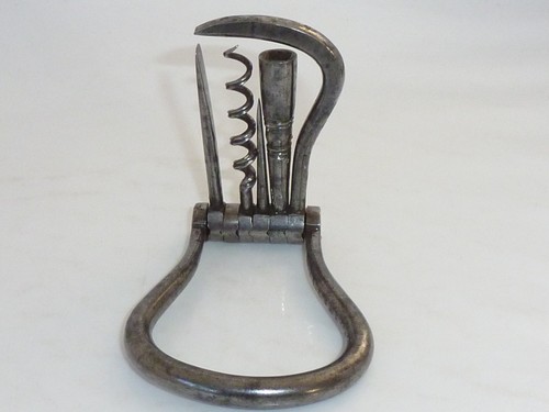 Antique Corkscrew Bow Five Multi Tool folding Pocket Awl Hoof Pick Screw Driver - Picture 5 of 10