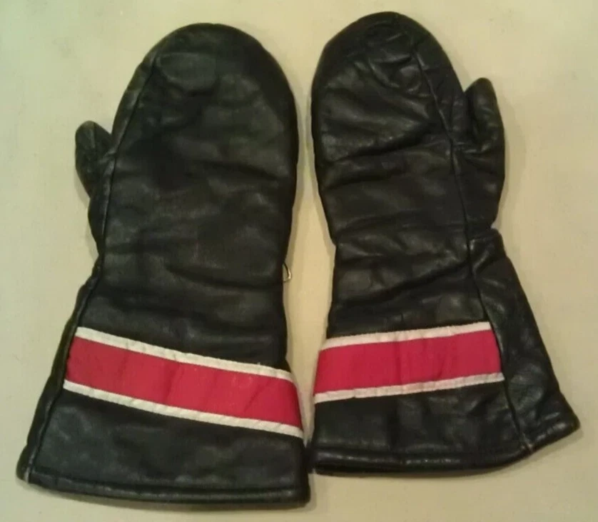 VTG Kebek Black Red Leather Snowmobile Ski Mittens Mens L Sherpa Lined Gloves