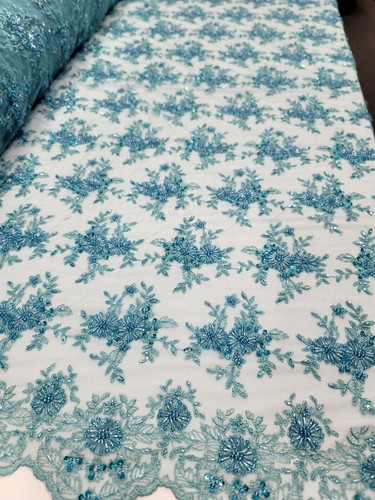 TURQUOISE Beaded Embroidery Bridal Lace Fabric Sold By The Yard Floral Flowers - Picture 8 of 11