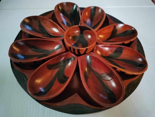 MCM Wood Lazy Susan Server & 9 Bowls /Hand Carved /Monkey Pod Wood? - Picture 9 of 9