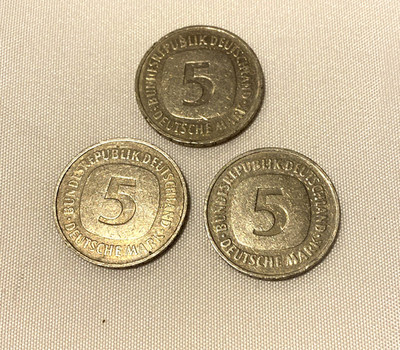 Lot of 3 Coins 5 Deutsche Mark Bundesrepublik Deutschland 1975D, 1980D & 1982 D