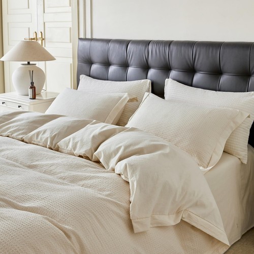 Cream Waffle Weave Duvet Cover King 100% Cotton 3 Pcs Set 1 Beige Textured - Picture 2 of 7