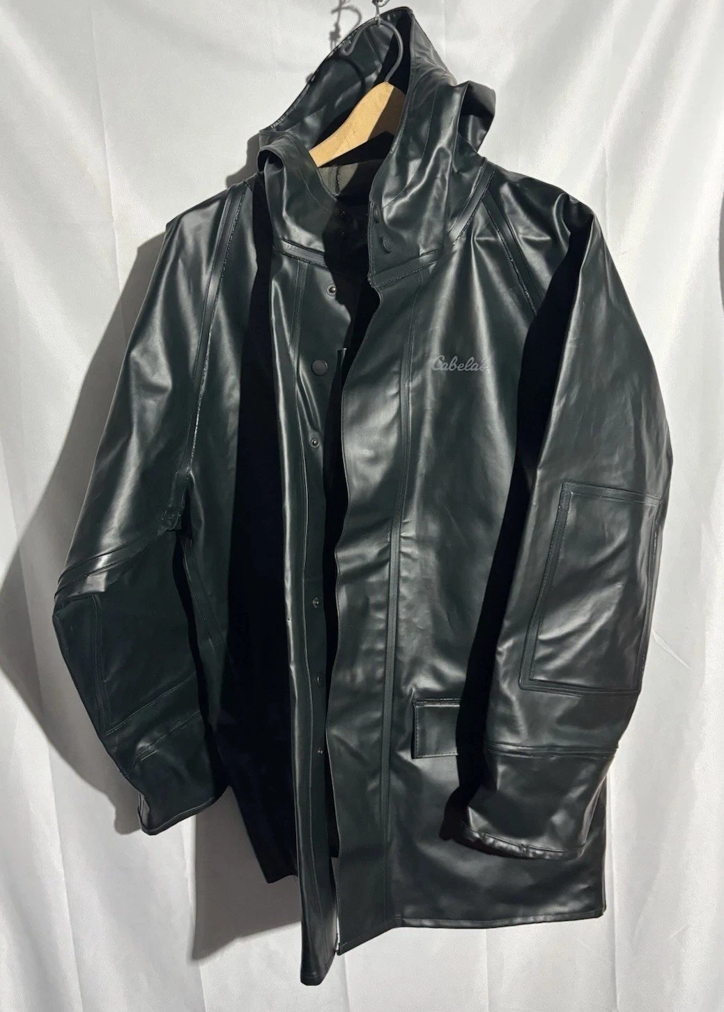 Cabela’s Waterproof Rain Sz L Jacket Mens Green Polyvinyl Snap Front Hooded