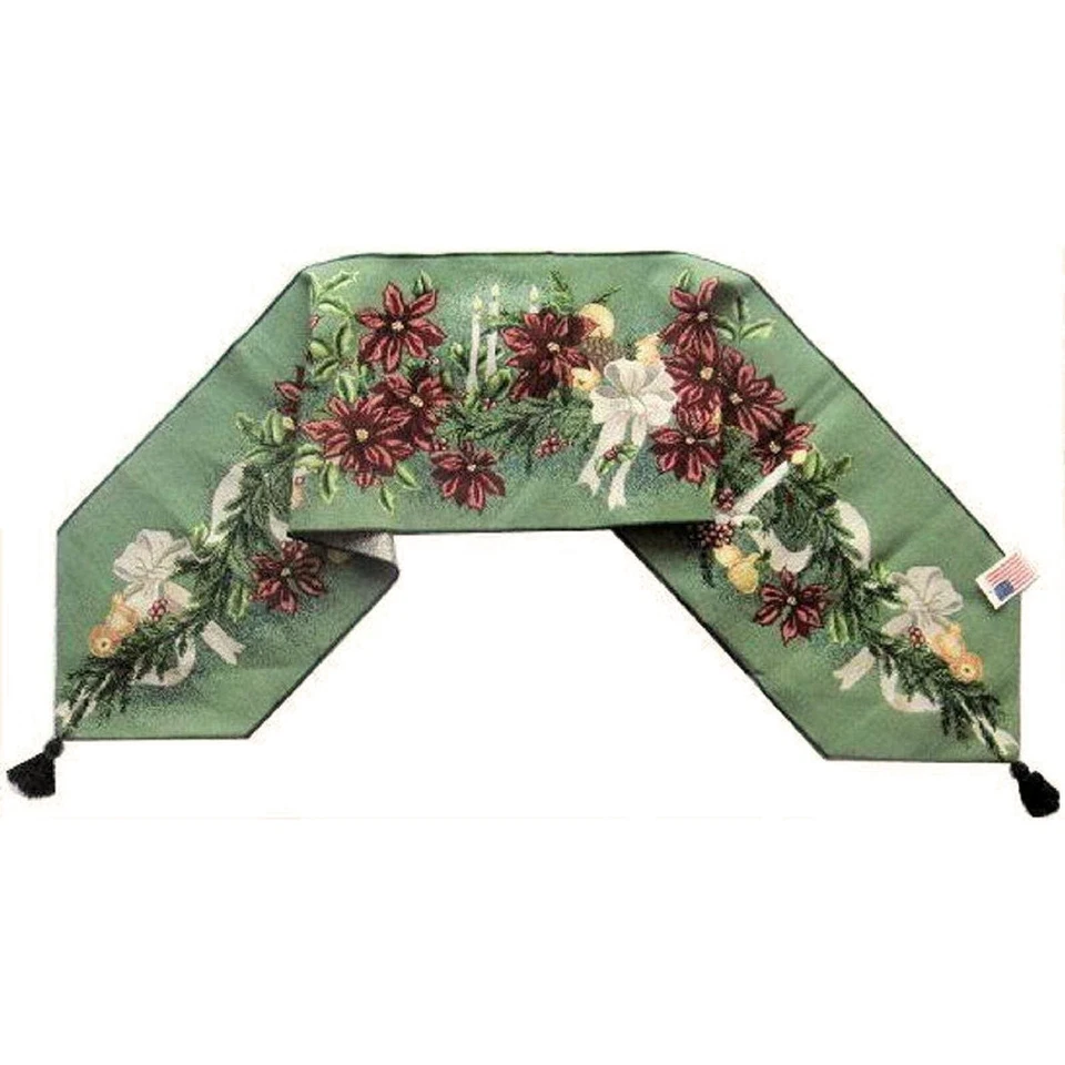 Poinsettia Christmas Table Runner Woven Tapestry Candles Bow Garland NWT 13x72" - Image 3 of 4