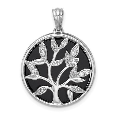 Anhänger Sterlingsilber poliert Onyx Kreis und Zirkonia Lebensbaum