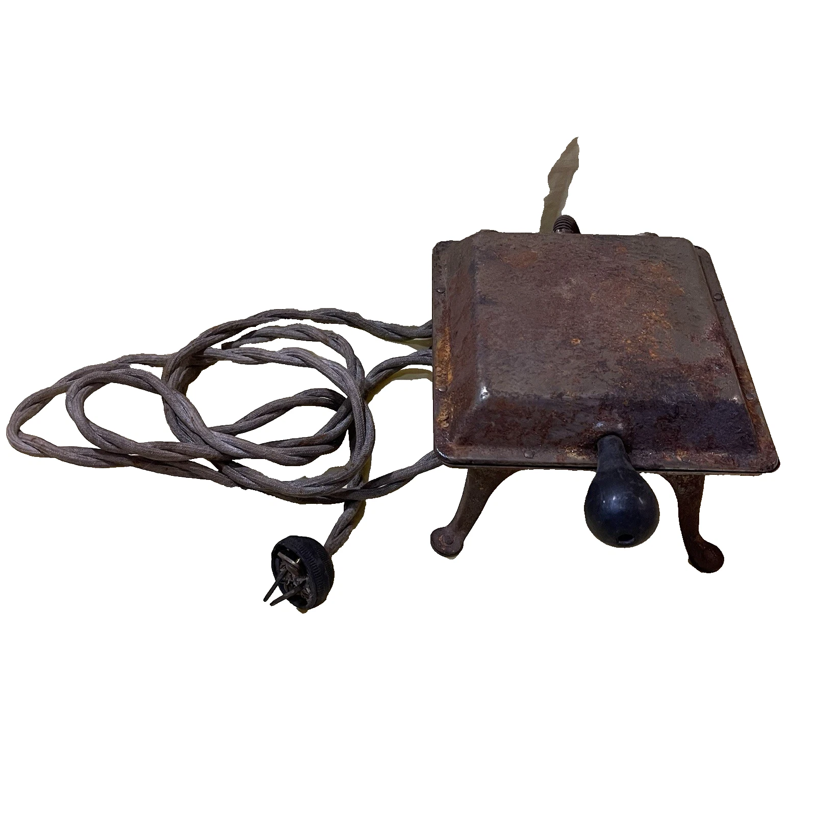 Antique Electric 5" Waffle Iron Wood Handle Fiber Wrapped Cord Bakelite Plug