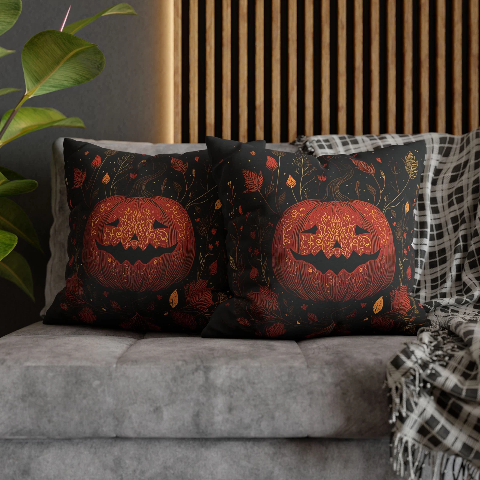 Halloween Pillow Cover Jack-O-Lantern Pumpkin Autumn Leaves Cushion Case