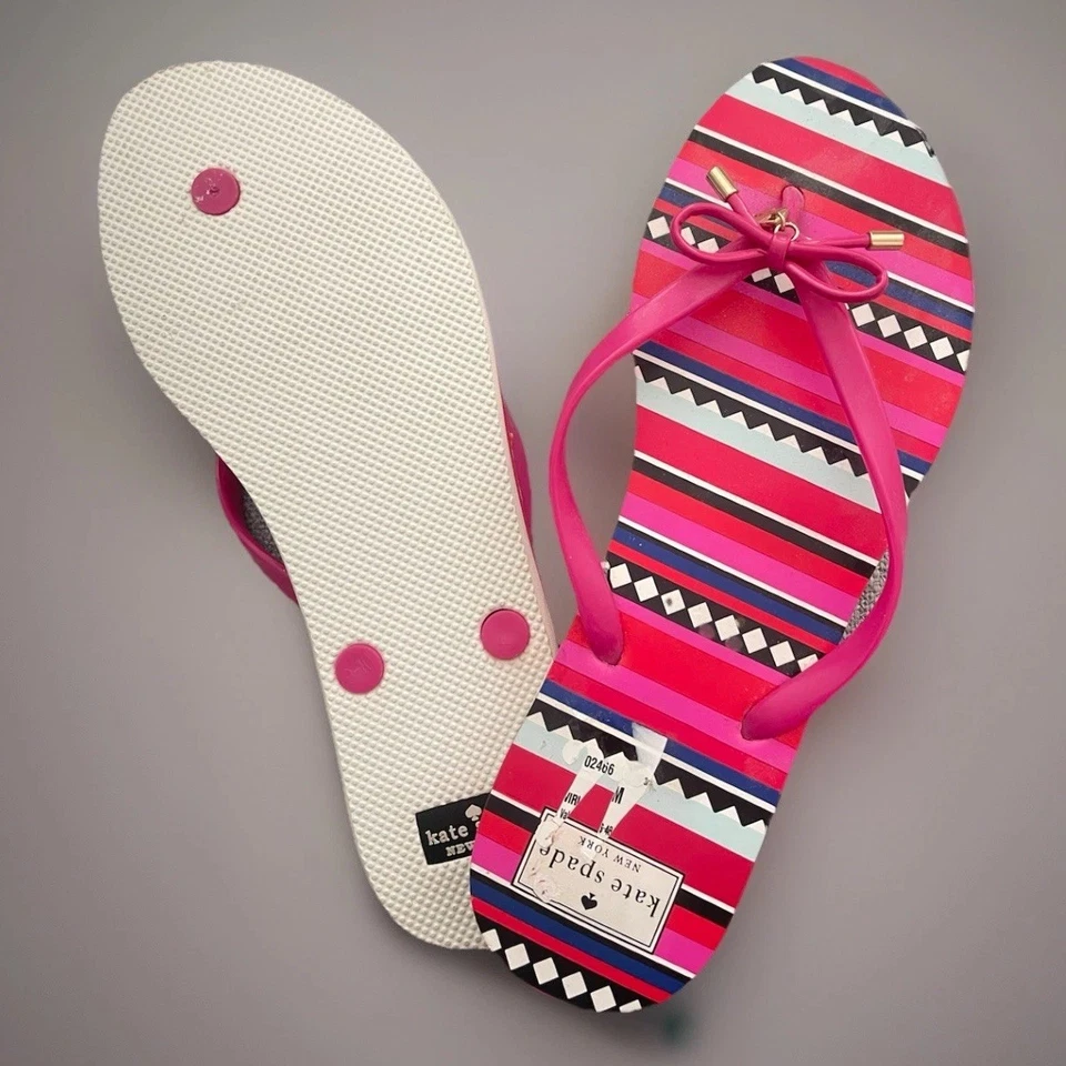 KATE SPADE Nova Pink Stripe Flip Flops w/Bow & Charm Embellishments | 11 US NWOB - Image 4 of 4
