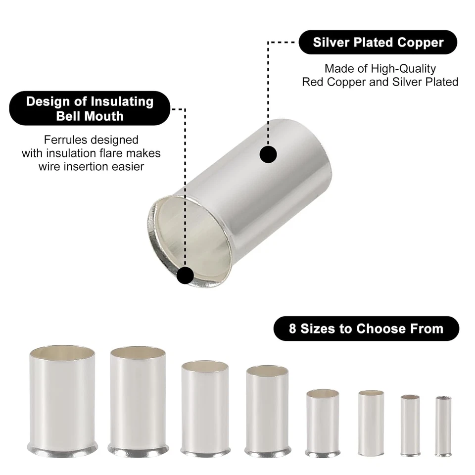 Wire Ferrules Kits Silver Plated Copper Crimp Terminal Connector 8 Sizes AWG (1/ - Image 3 of 4