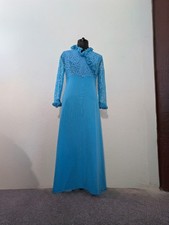 Vintage 70s Empire Waist Maxi Dress Blue Lace Long Sleeves V Neck No Size Tag