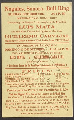 1950's Bullfight Vintage Handbill Card Guillermo Carvajal Nogales Sonora Mexico