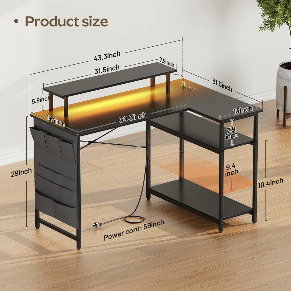 L Shaped Computer Desk with LED Light & Power Outlets, Corner Desk with Side Bag - Image 2 of 4