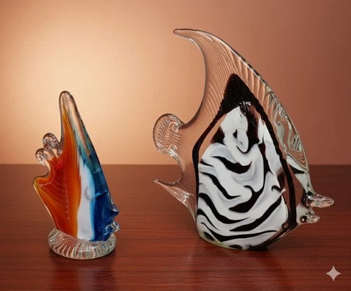 Lot of 2 Vintage Art Glass Fish Figurines Murano Style Angelfish & Tropical