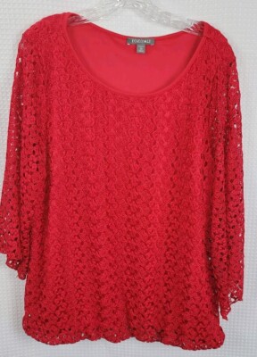 Roz & Ali Red Lace Top 3/4 Bell Sleeves Lined Size 2X