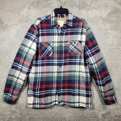 American Threads Shaket Mens Medium Blue Plaid Sherpa Lined Flannel Button Up