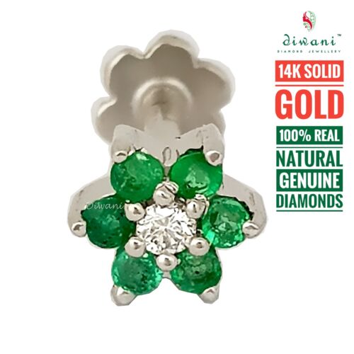 Natural 1 Diamond & 6 Gemstones Flower Nose Lip Labret Piercing Pin Stud Screw - Picture 62 of 91
