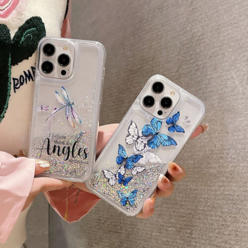 Cartoon Butterfly Dragonfly Liquid Bling Quicksand For iPhone Samsung Case Cover - Picture 4 of 13