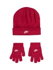  NWT NIKE Girls Beanie Hat Cap Gloves 2Piece Set Knit Rush Pink White Logo Youth