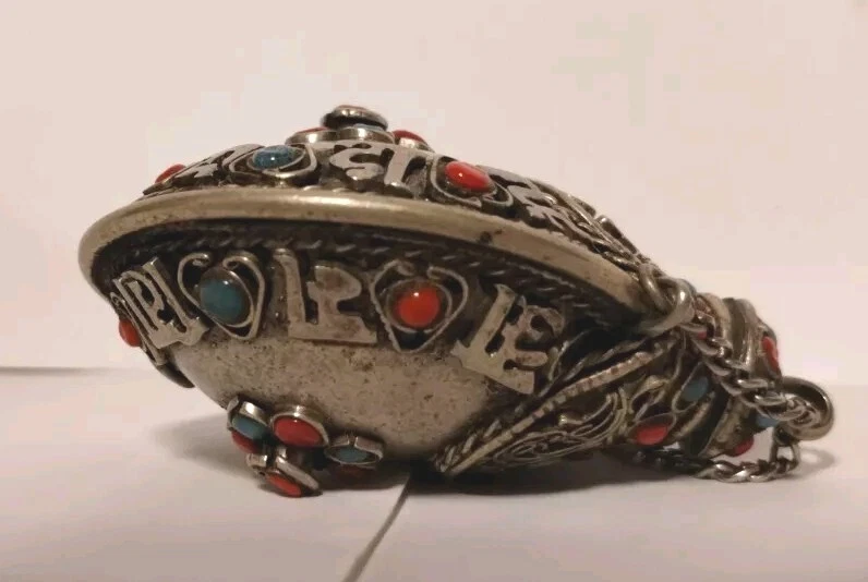 Botella de tabaco antigua china tibetana de plata y turquesa con ágata con cuchara Foto 3 de 4