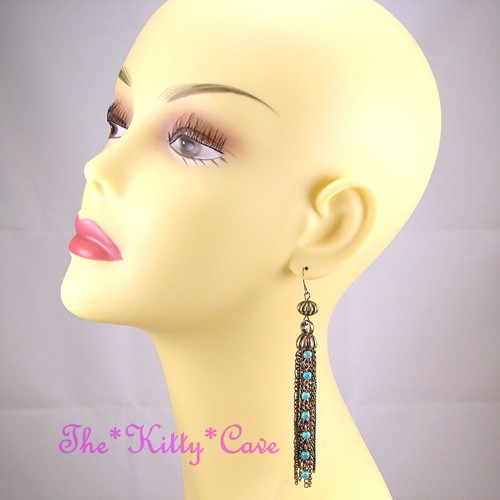 Millésime Brûlé Or Ethnique Bohémien Turquoises Pierres Gland Boucles D'oreilles - Imagen 10 de 11