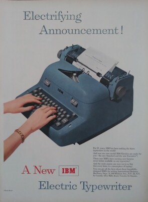 1954 vintage IBM portable typewriter print ad, Blue electric typewriter