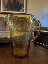Vtg. Mid Century Mod. Blenko Amber Handblown Pitcher W/ Controlled Bubbles. 