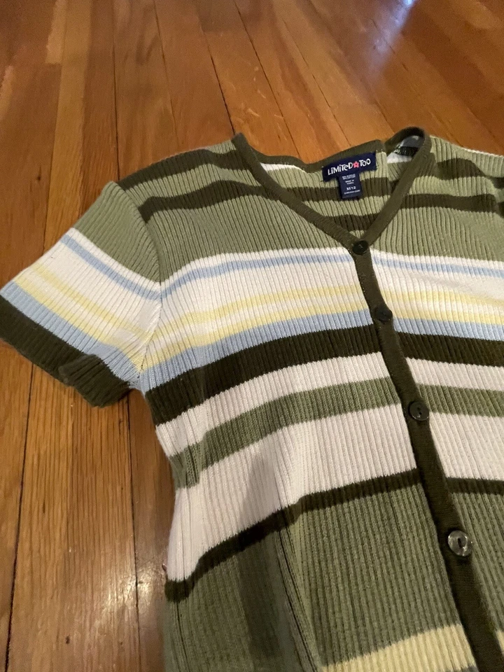 Vintage Limited Too Girls Sz 12 Short Sleeve Green Striped Cropped Cardigan 90s - Image 4 of 4