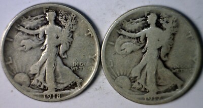 1917s & 1918s Walking Liberty SILVER Half Dollar G+ / F Coins Nice 2 ...