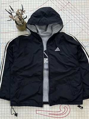 Adidas Hooded Jacket Men's Large Black Reversible Trefoil Bomber