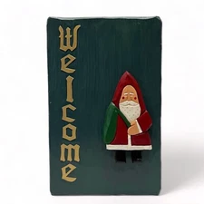 Christmas Old World Santa Claus Hand Carved Wood WELCOME Hanging Sign Plaque