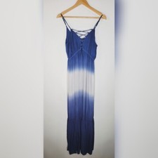 LOVERICHE Blue Ombre Maxi Tie Up Dress Size S Tie Dye Tiered Skirt Cinched Waist