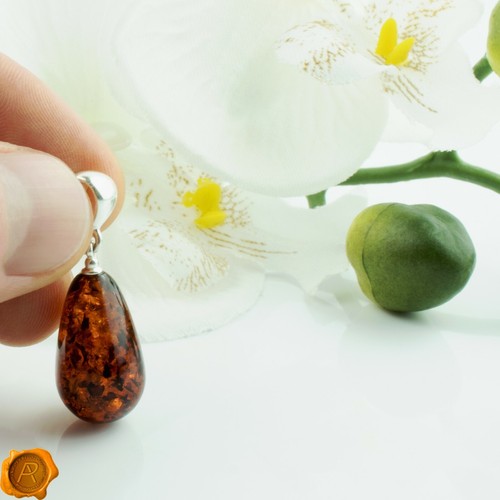 Cognac Baltic Amber Teardrop Pendant Necklace Beads 925 Sterling Silver Gemstone - Picture 5 of 6