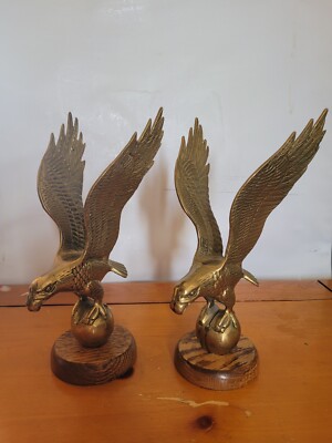 Vintage Solid Brass American Eagle Statue Spread Wings on Black Marble Base 9.5''