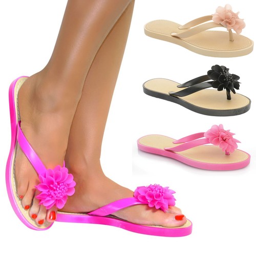 WOMENS LADIES FLOWER TOE POST SANDALS SUMMER SHOES FLIP FLOPS BEACH UK 3-8 NEW