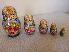 Russian Nesting Dolls~Set Of 5~Lady w/ Pink Flowers 6.5”- 1.5"