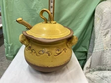 Vintage Stoneware Clay Pottery Soup Tureen/Serving Bowl with Ladle Artist Signed
