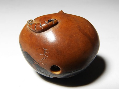 NETSUKE INRO SAGEMONO OIJME EDO JAPONÉS ANTIGUO TALLADO MADERA INSECTO CASTAÑO - Imagen 5 de 8