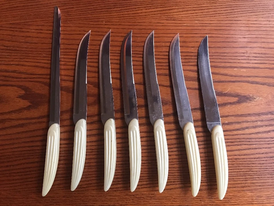 7 cuchillos para carne vintage de acero inoxidable con mango crema nacarado Tel Tru de alto carbono Foto 2 de 4