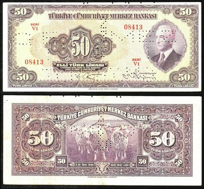 Turkey 50 Lira 1942 Rare P 1a Inonu Perforated By Turkish Central Bank Ebay