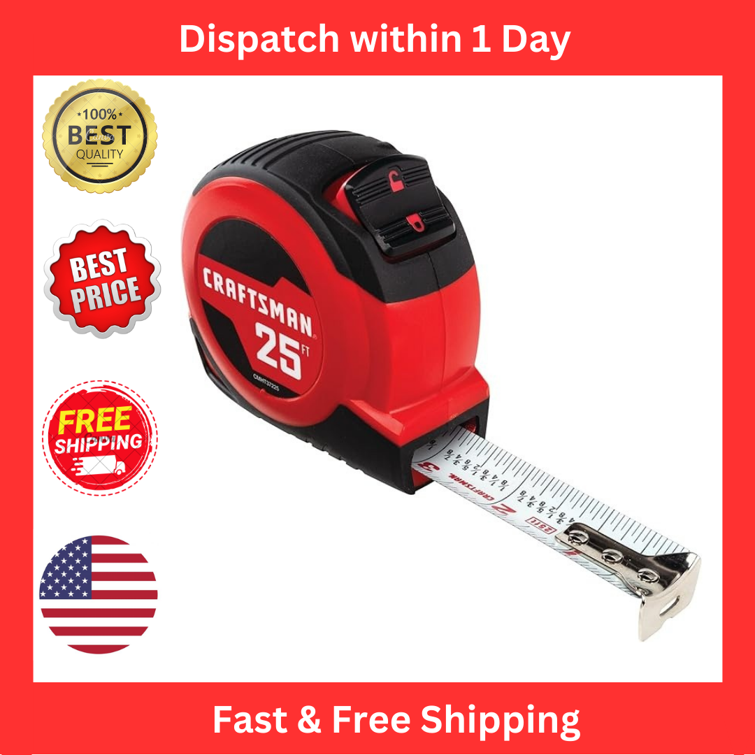 25 FT Retractable Tape Measure with Fraction Markings & Manual-Lock Blade  