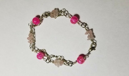 Elegant Rose Quartz and Crackle Glass Bracelet Handmade Wire Wrap USA Artist 8" - Picture 7 of 8