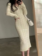 Autumn Winter Women's Twists Knit Dress Dress Long Sleeve V-neck Hip Dresses