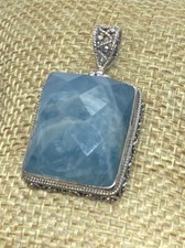 Artisan Handmade Square Aquamarine Pendant; Sterling Silver With Filigree