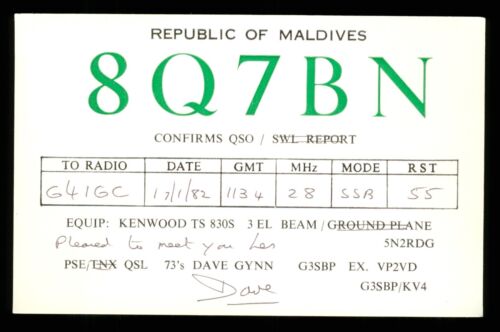 QSL Card Radio Maldives 8Q7BN 1982 op Dave Gynn ≠ B124 - Picture 1 of 2