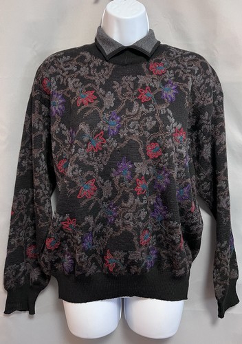 Tricots St Raphael Sweater Adult Large Pure Wool Unisex Gray Floral Turtleneck