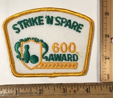 Vintage Strike N Spare 600 Award Club Iron On Patch Bowling Pin Lanes Gold Green