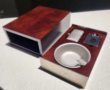 Cigar Lover's Kit Maple Veneer Box Nickel Finished Ashtray Lighter Steel Cutter 