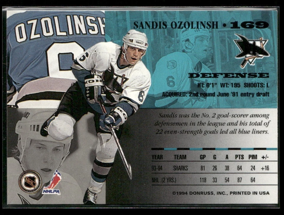 1994-95 LEAF SANDIS OZOLINSH SAN JOSE SHARKS #169 - Image 2 of 3