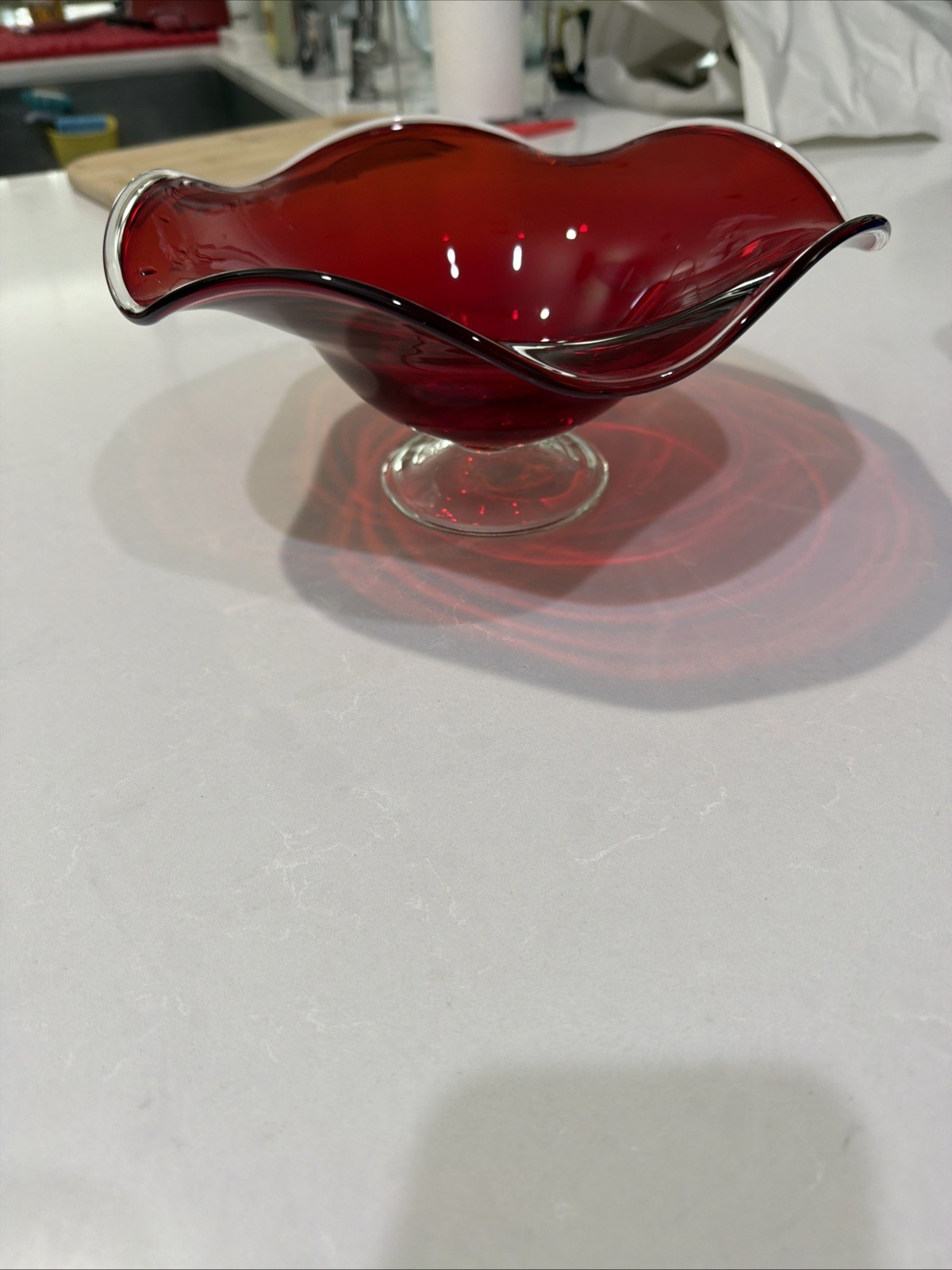 Hand Blown Ruby Red Wavy Rim Art Glass Pedestal Bowl with Clear edge 9 in