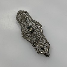 Antique Estate Rhodium Plated Filigree Art Deco Rhinestone Brooch Pin 5BB